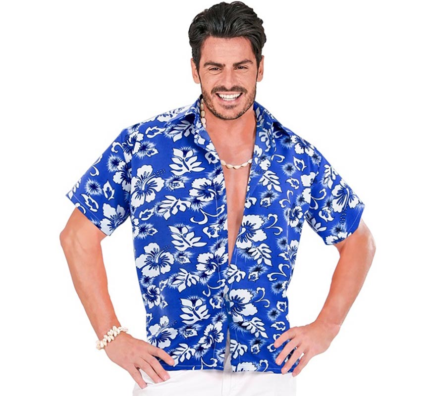 Translation missing: de.Camisa manga corta Hawaiana con Flores azul para hombre