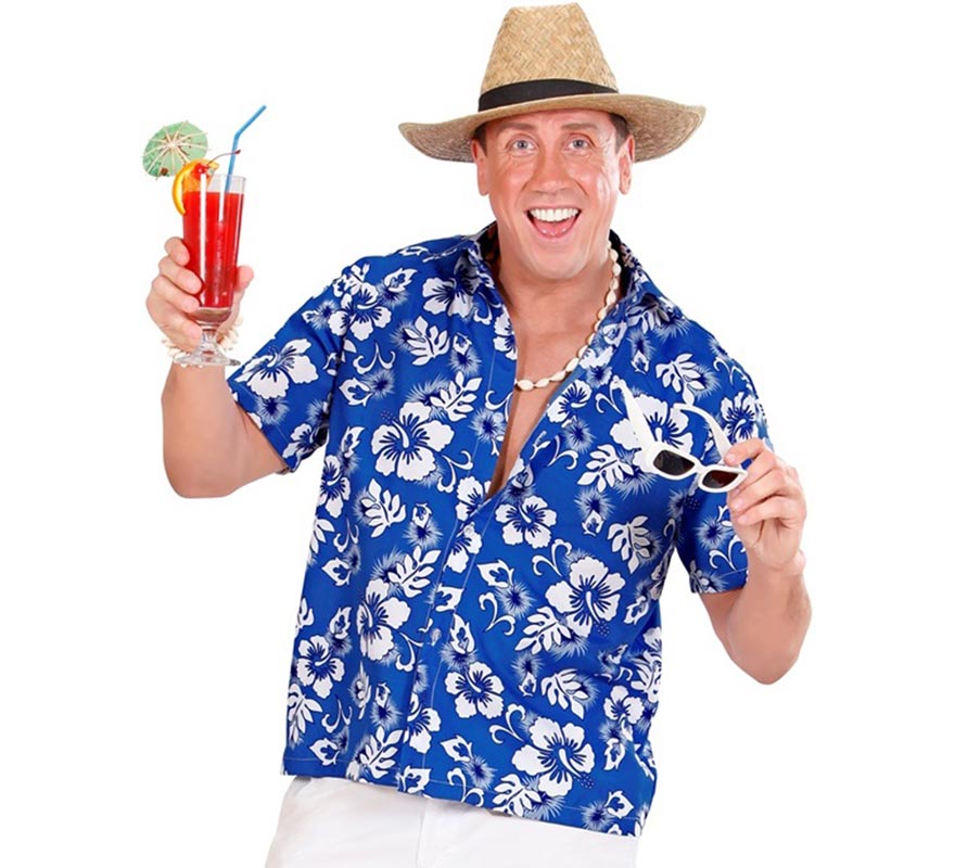 Translation missing: de.Camisa manga corta Hawaiana con Flores azul para hombre