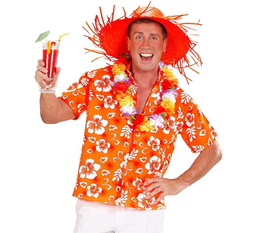 Translation missing: de.Camisa manga corta Hawaiana con Flores naranja para hombre