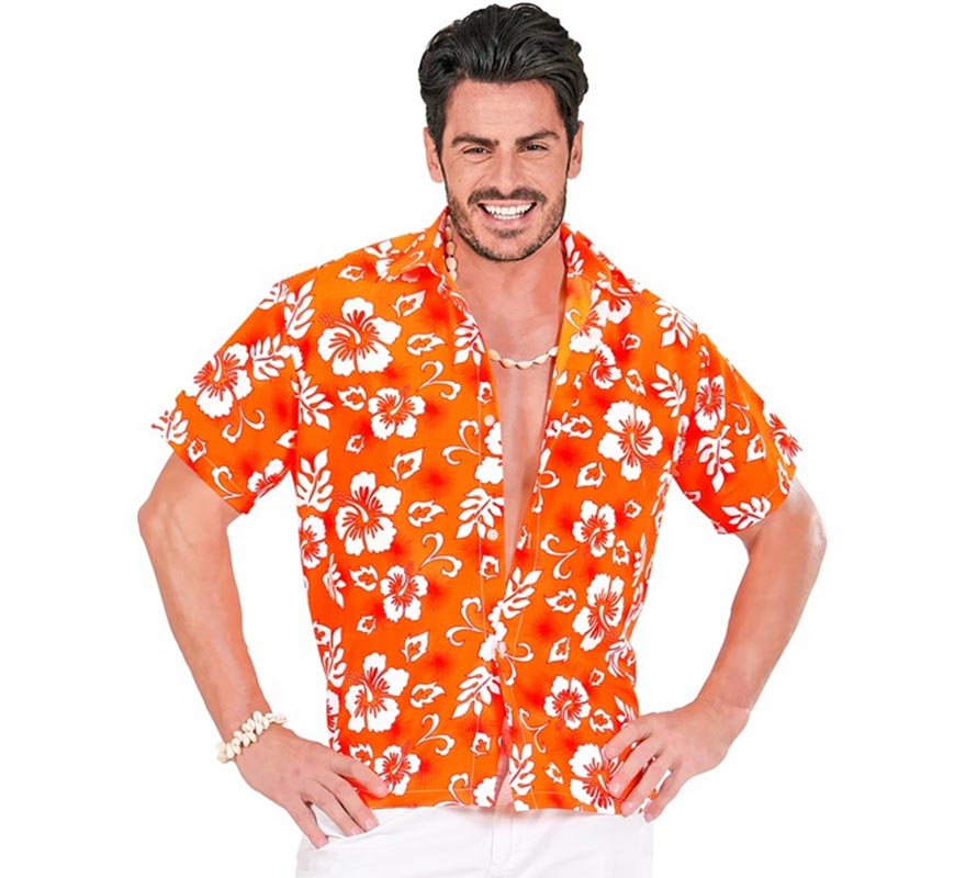 Translation missing: de.Camisa manga corta Hawaiana con Flores naranja para hombre