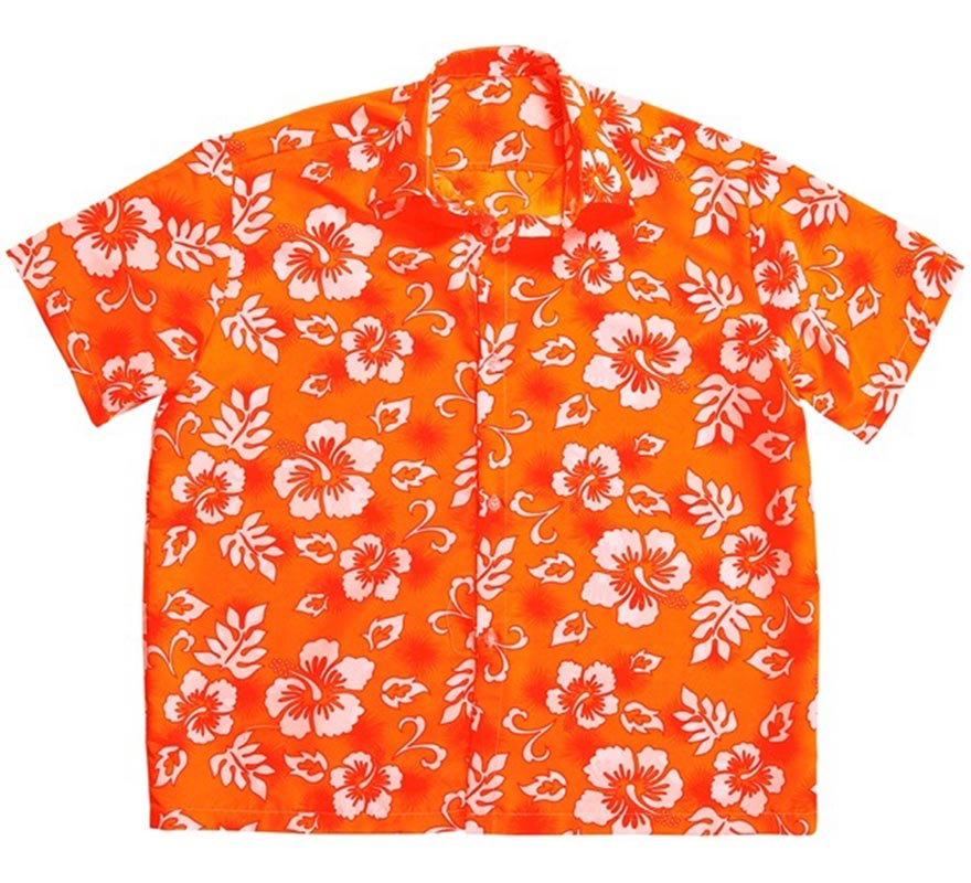 Translation missing: de.Camisa manga corta Hawaiana con Flores naranja para hombre
