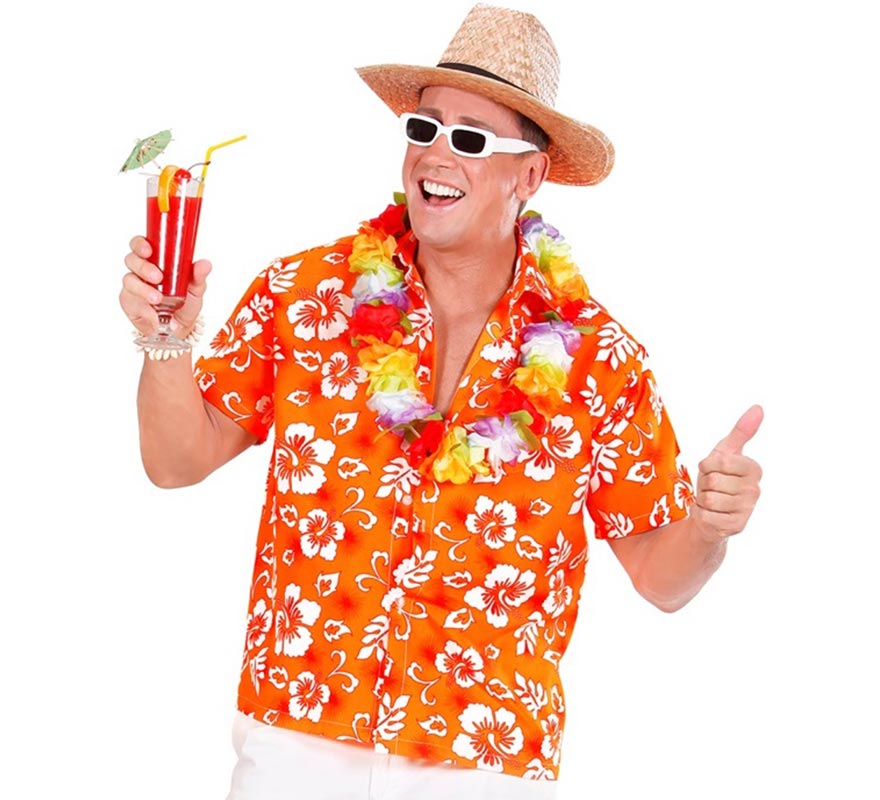 Translation missing: de.Camisa manga corta Hawaiana con Flores naranja para hombre