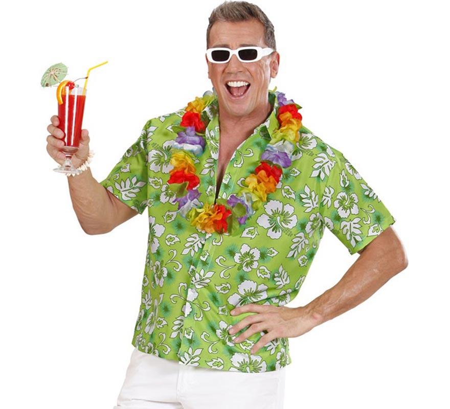 Translation missing: de.Camisa manga corta Hawaiana con Flores verde para hombre