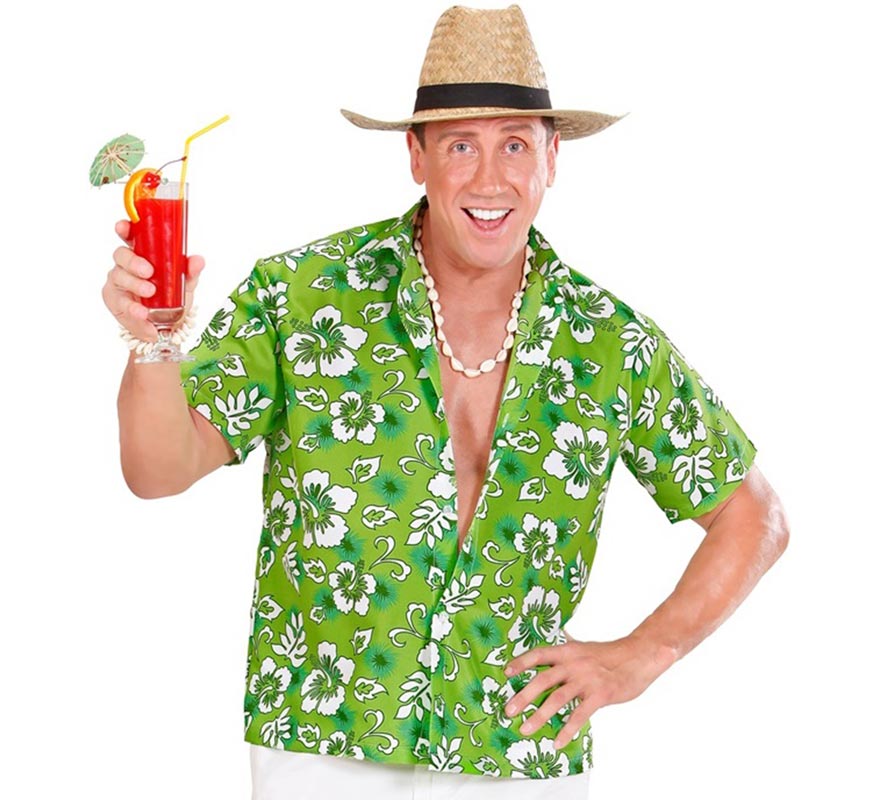 Translation missing: de.Camisa manga corta Hawaiana con Flores verde para hombre