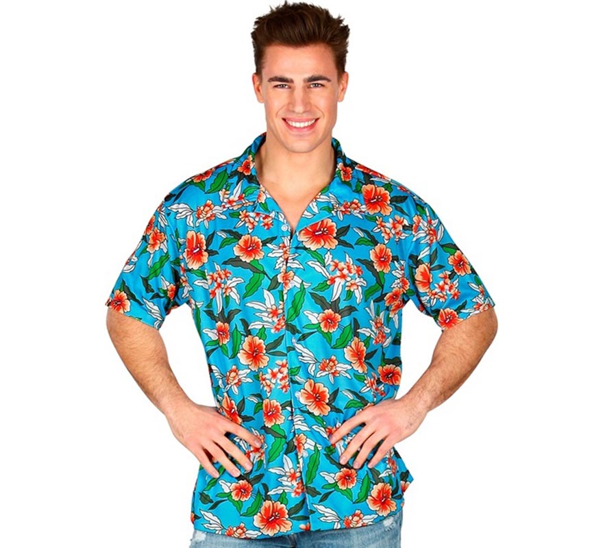 Translation missing: de.Camisa manga corta Hawaiana Estampada azul para hombre