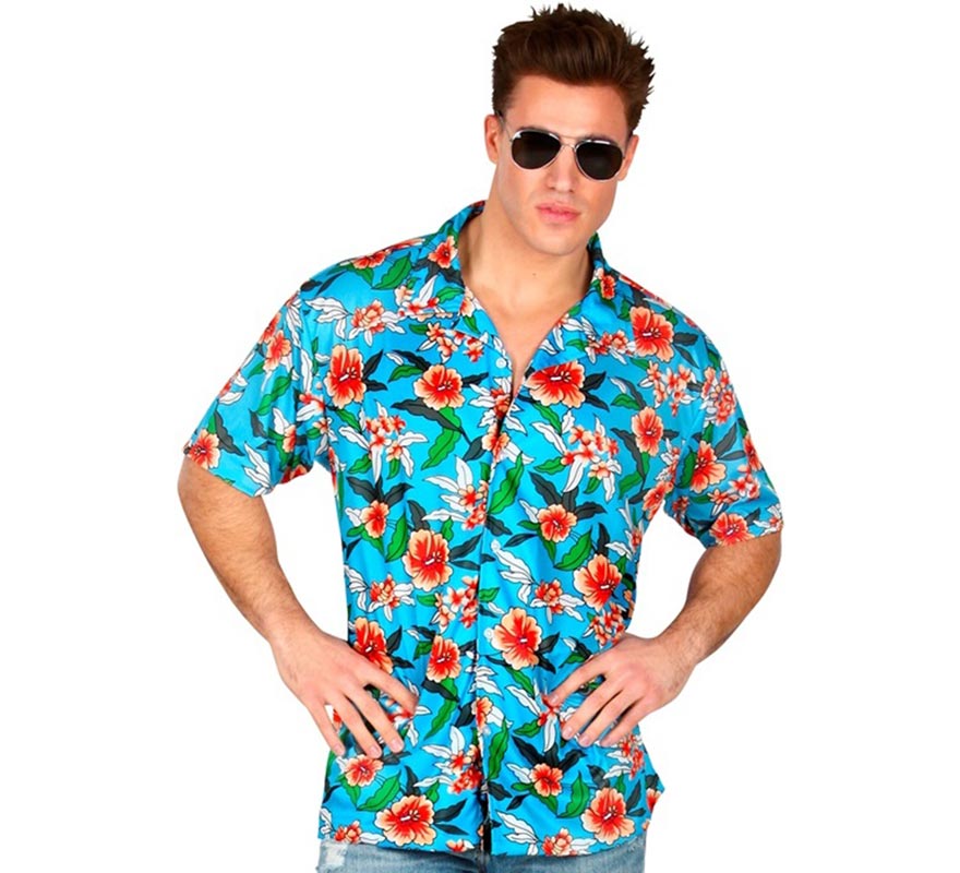 Camisa manga corta Hawaiana Estampada azul para hombre