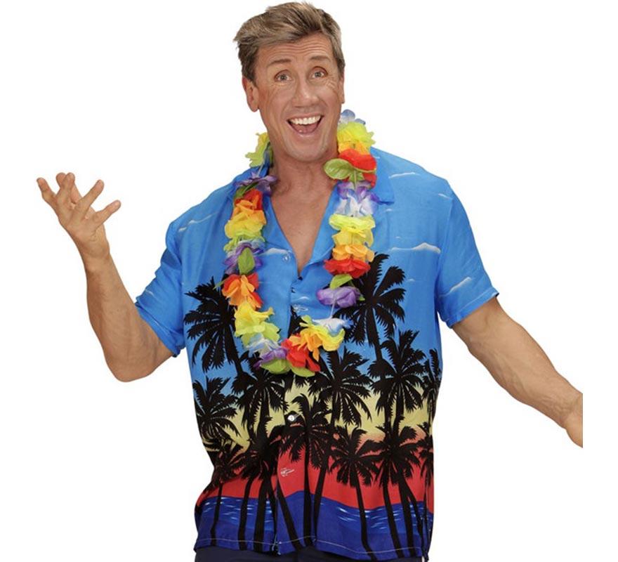 Translation missing: de.Camisa manga corta Hawaiana Palm Beach azul para hombre