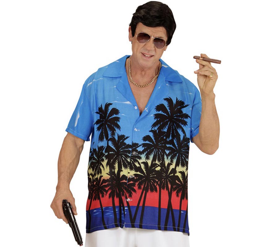 Translation missing: de.Camisa manga corta Hawaiana Palm Beach azul para hombre