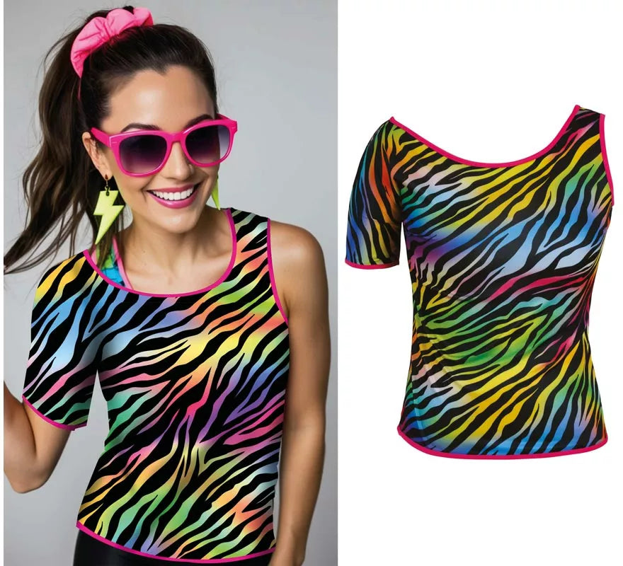 Translation missing: de.Camiseta Cebra multicolor Años 80 para mujer
