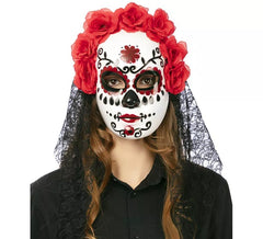 Catrina-Maske mit Blumen und Erwachsenenschleier 27x24 cm