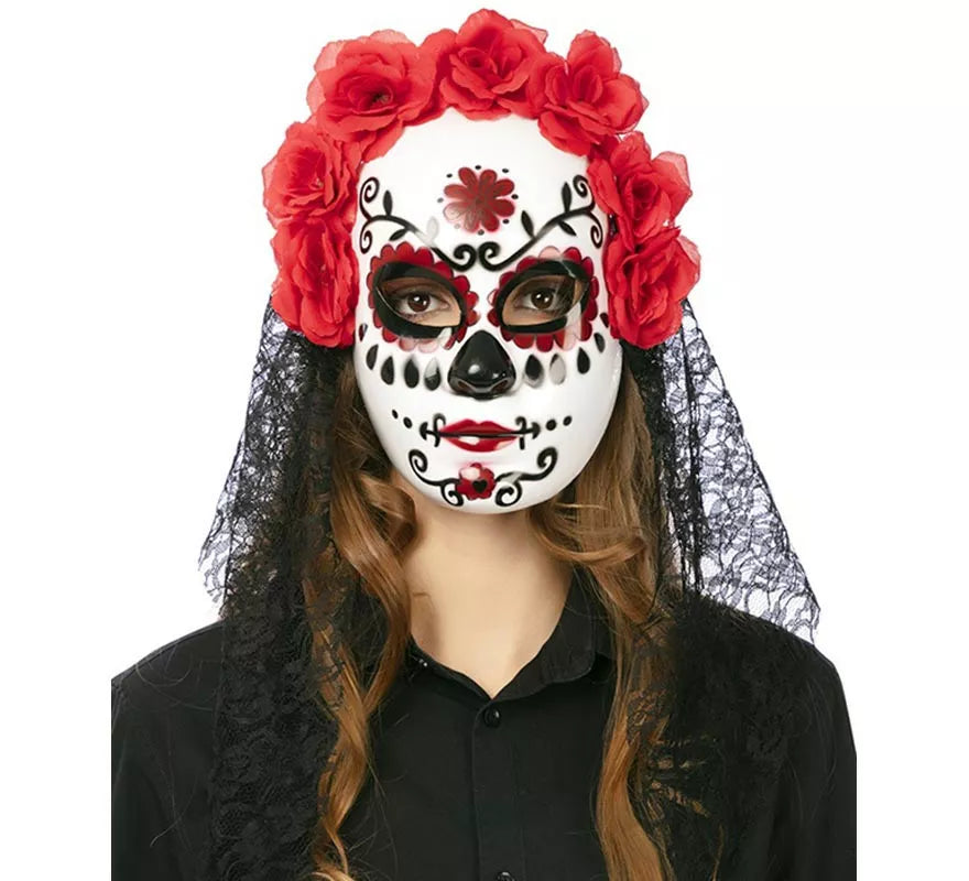 Translation missing: de.Careta Catrina con flores y velo adulto de 27x24 cm