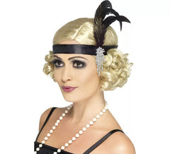 Charleston Satin Stirnband mit Feder und Juwel