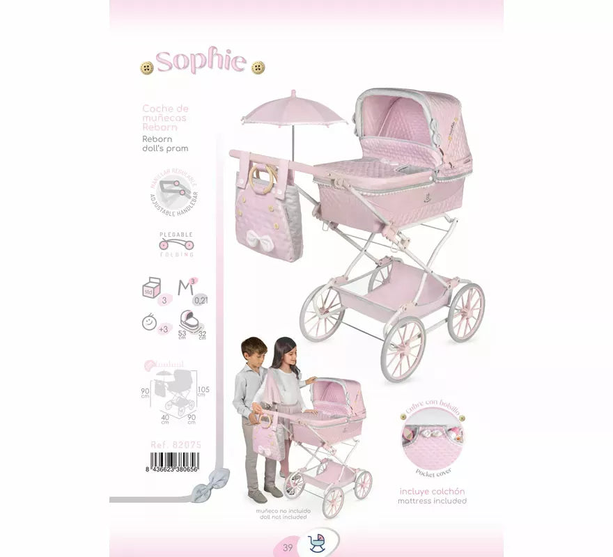 Coche Reborn de hasta 55 cm Plegable con Sombrilla y Bolso