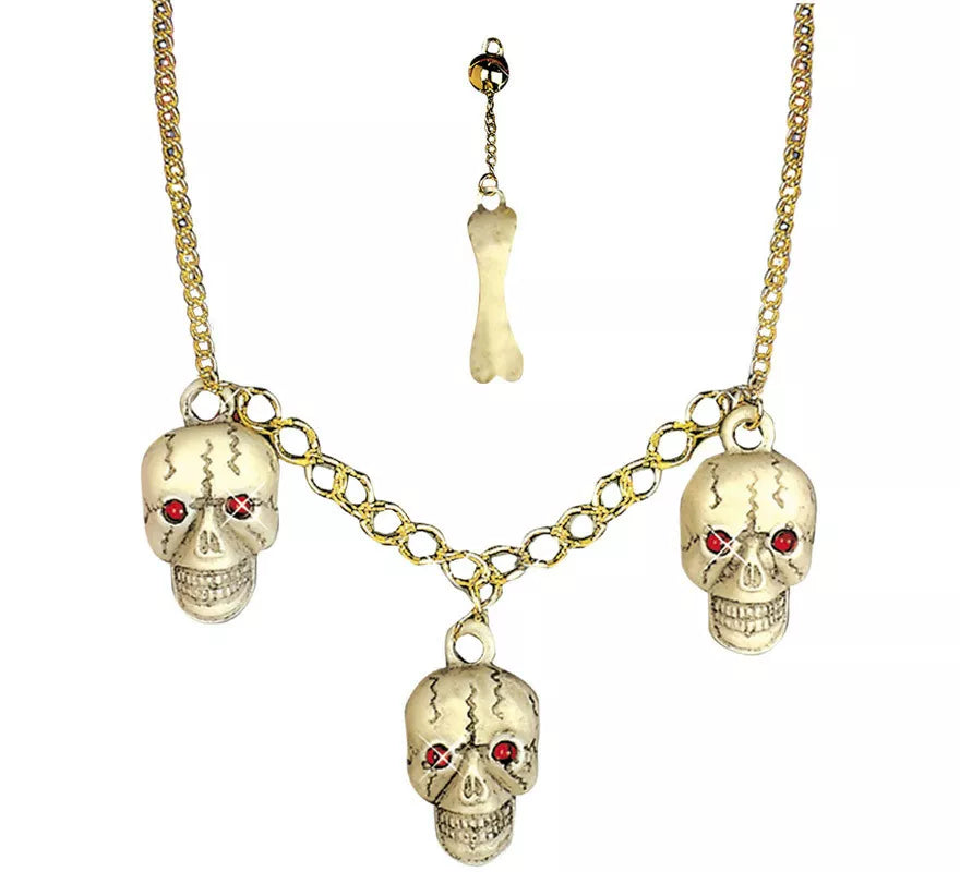 Collar Dorado con Calaveras y 1 Pendiente de Hueso