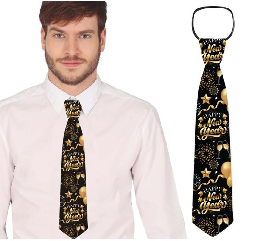 Translation missing: de.Corbata Happy New Year negro y dorado de 45 cm