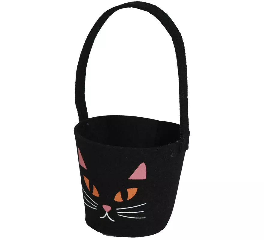 Cubo Calabaza de Fieltro Negra Gato 13x10 cm