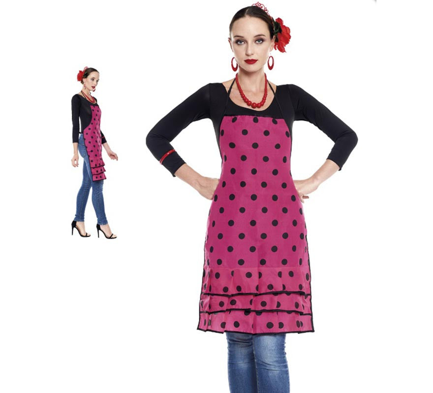Translation missing: de.Delantal de Sevillana Fucsia con lunar negro para adulto
