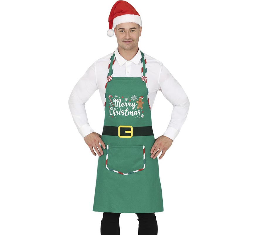 Translation missing: de.Delantal Merry Christmas verde con bolsillo adulto