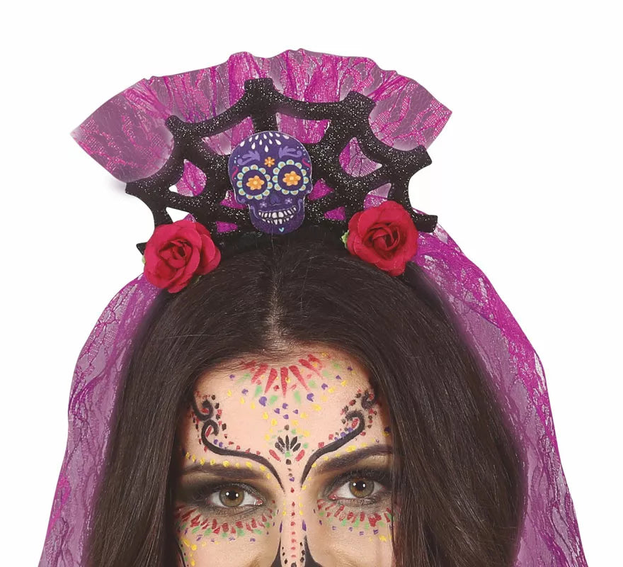 Translation missing: de.Diadema Calavera con Velo Lila y Rosas