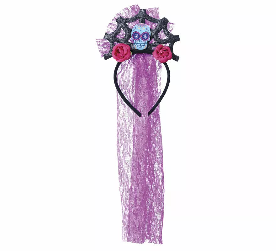Translation missing: de.Diadema Calavera con Velo Lila y Rosas