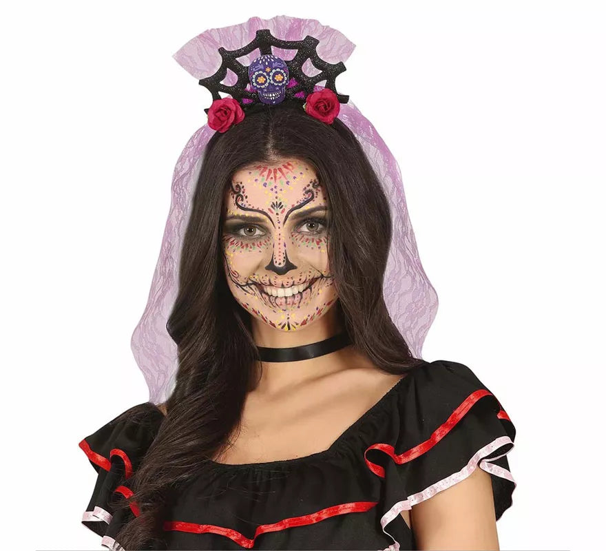 Translation missing: de.Diadema Calavera con Velo Lila y Rosas