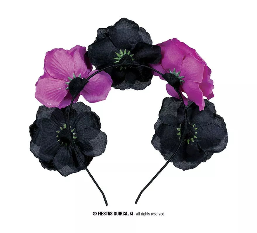 Diadema de Catrina Flores negras y púrpura