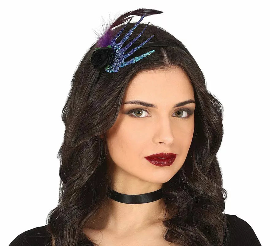 Diadema con Mano, Pluma y Rosa Negra