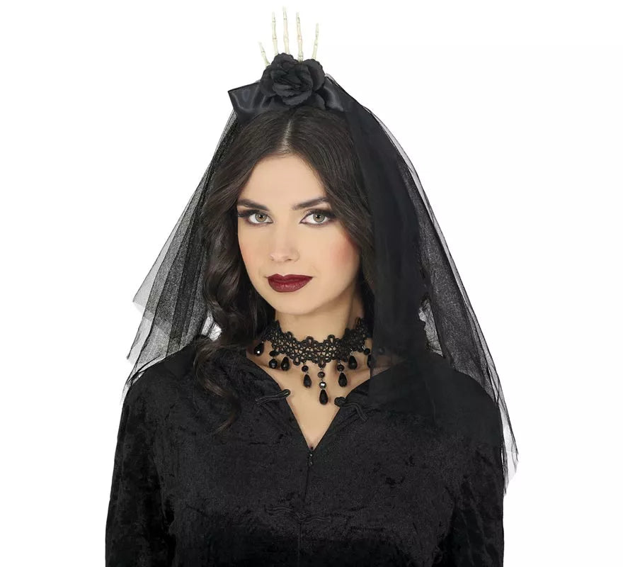 Diadema con Velo Mano y Flor negra