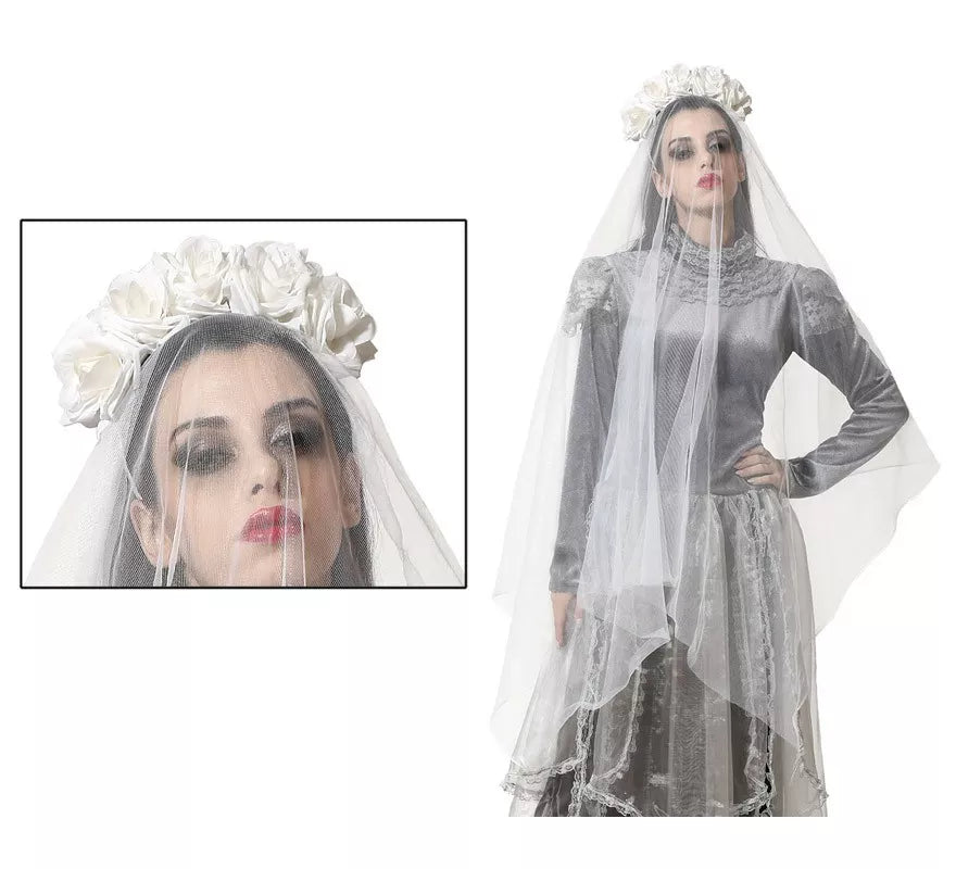 Translation missing: de.Diadema con Velo y Rosas Blancas de 129x19