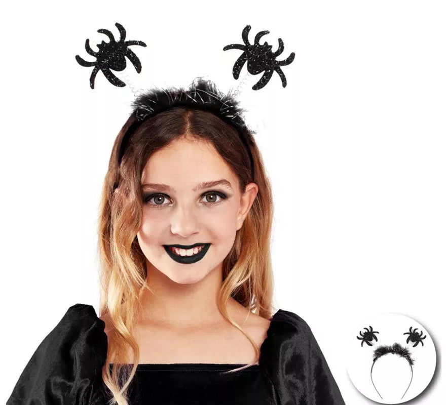 Translation missing: de.Diadema de Arañas negras brillantes con plumas infantil