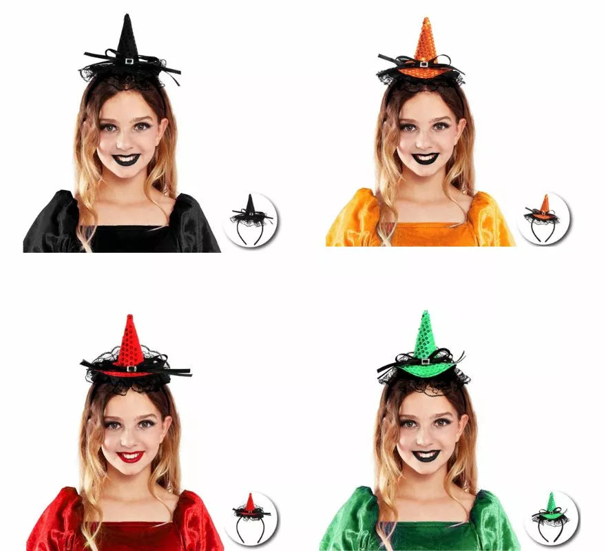 Diadema de Bruja con lentejuelas y lazo infantil en varios colores