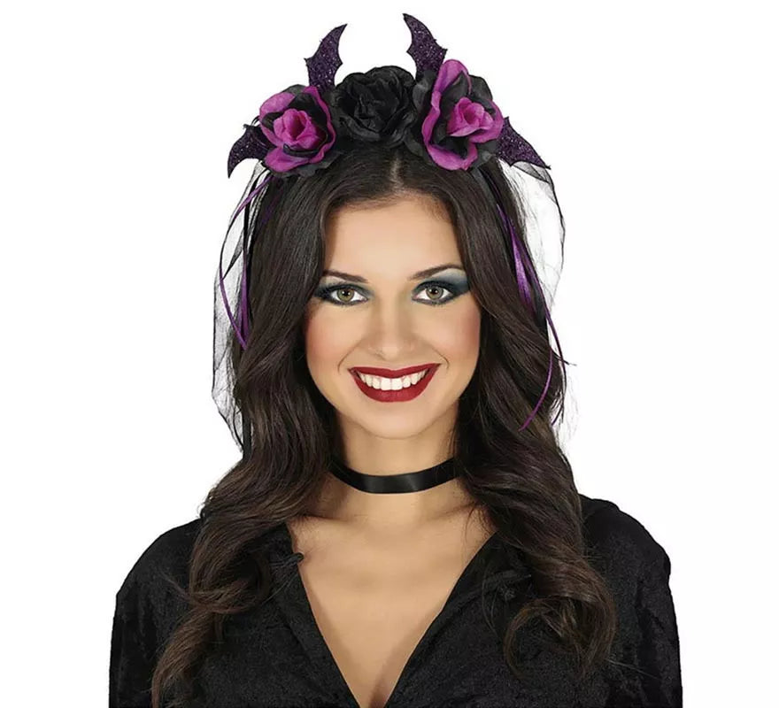 Translation missing: de.Diadema de Flores negras y lilas con Velo