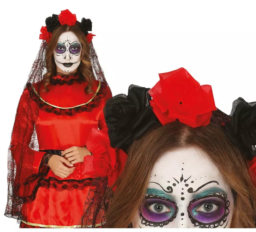 Translation missing: de.Diadema de Flores Negras y Rojas con Velo