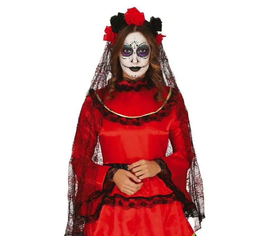 Translation missing: de.Diadema de Flores Negras y Rojas con Velo