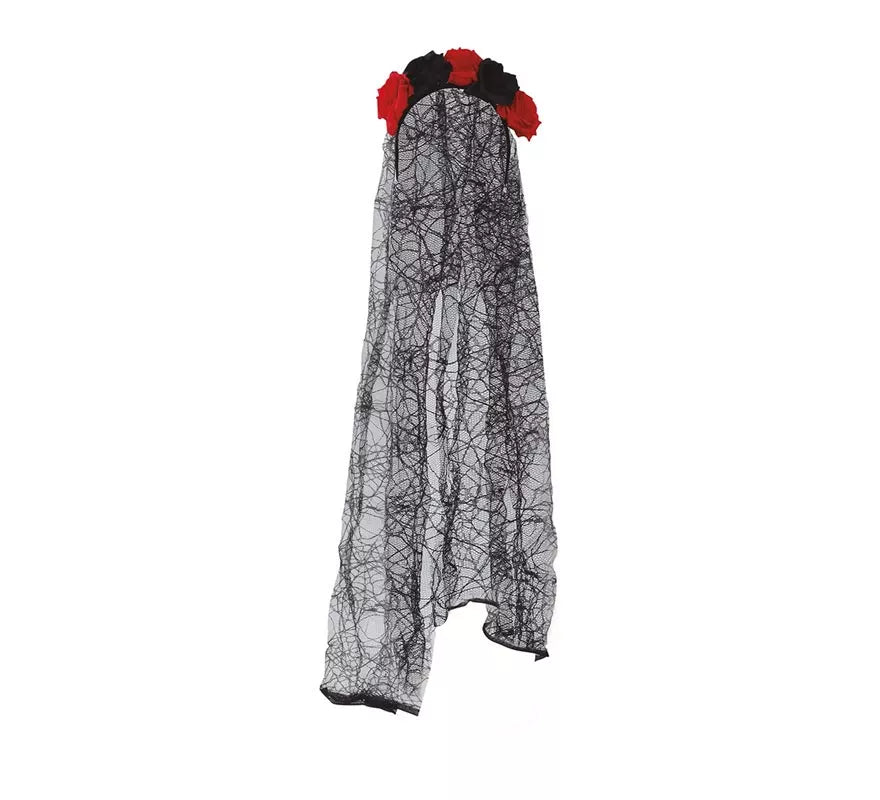 Translation missing: de.Diadema de Flores Negras y Rojas con Velo