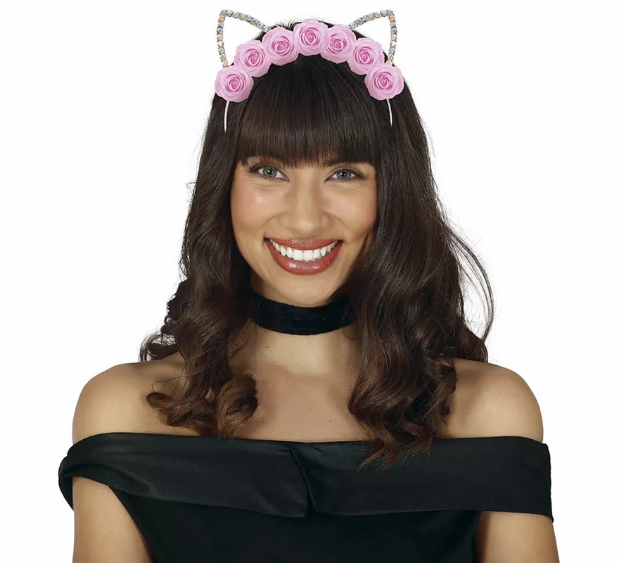 Diadema de Gata con flores metálica adulto