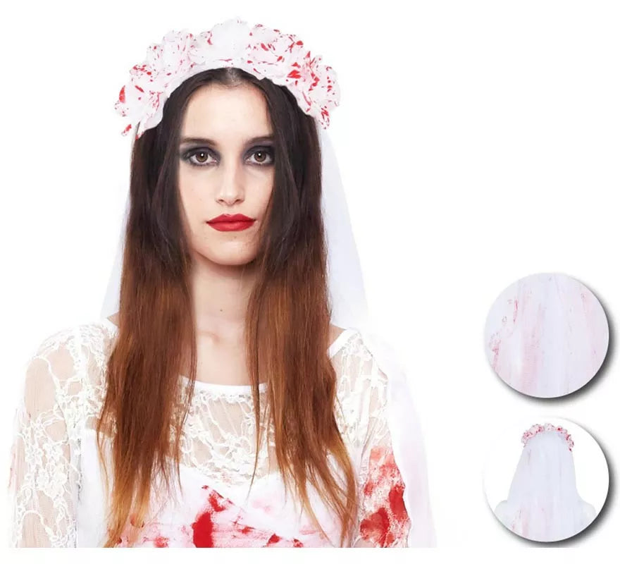 Translation missing: de.Diadema de Novia muestra con velo y sangre falsa de 90 cm