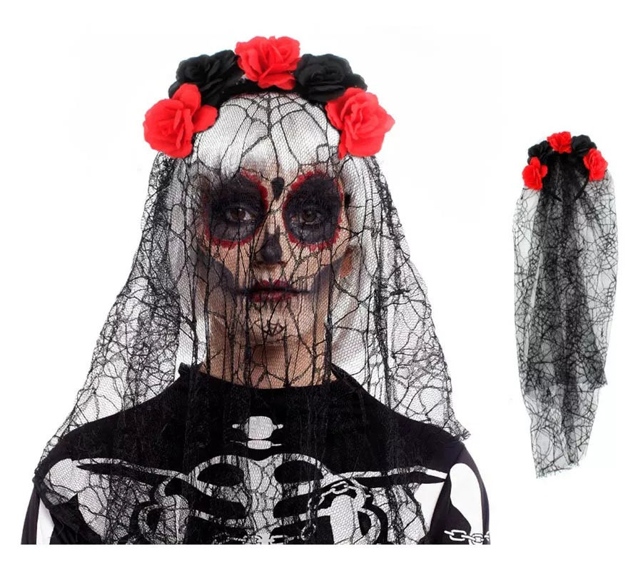 Translation missing: de.Diadema de Rosas Catrina negro y rojo con velo