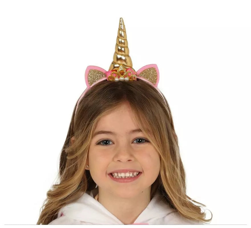Diadema de Unicornio con Cuerno y Orejas Dorada