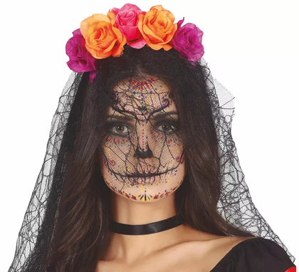 Diadema Flores Lila y Naranja con Velo