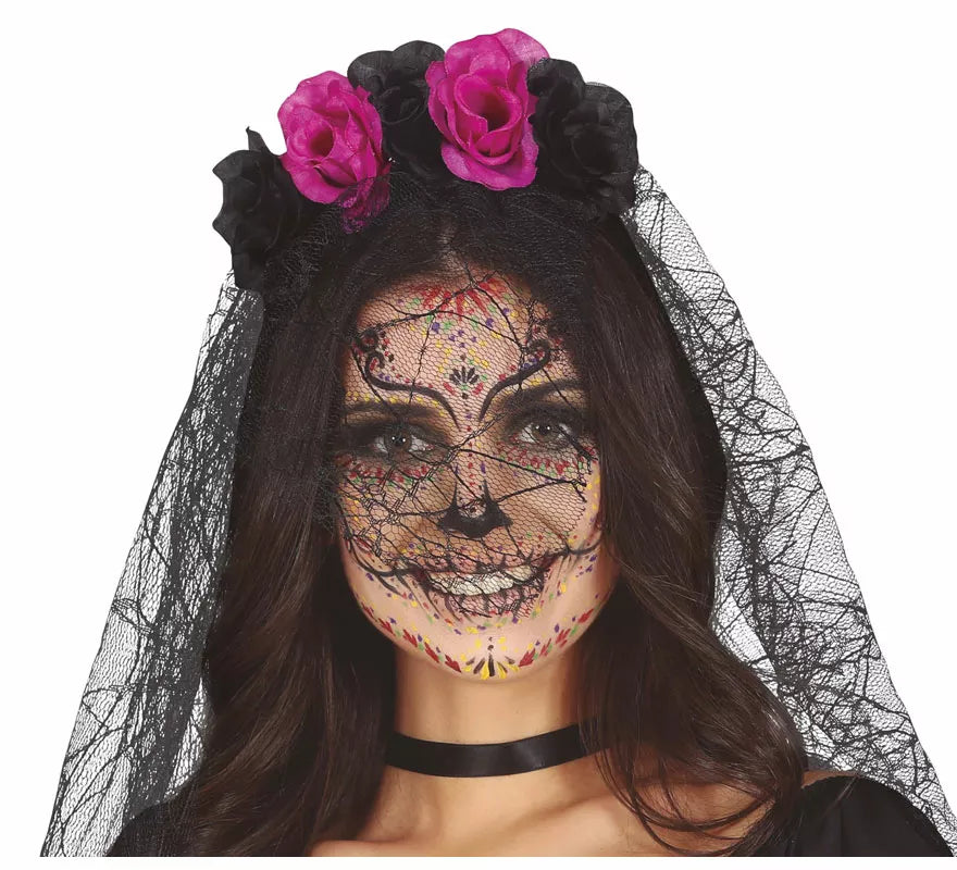 Translation missing: de.Diadema Flores Lila y Negras con Velo