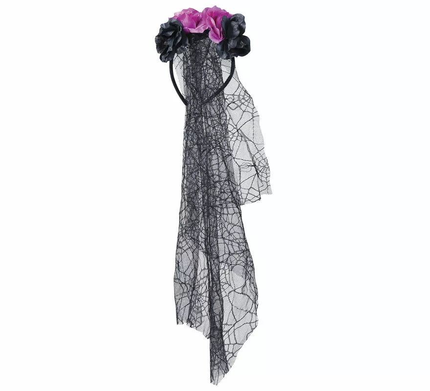 Translation missing: de.Diadema Flores Lila y Negras con Velo