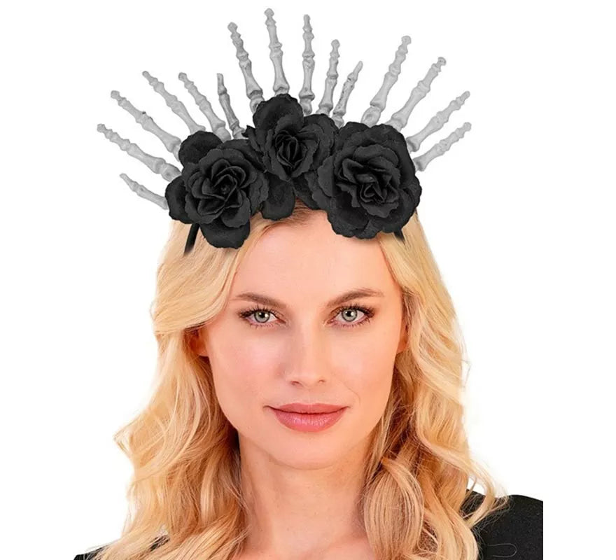 Translation missing: de.Diadema Manos Esqueleto y Rosas negras