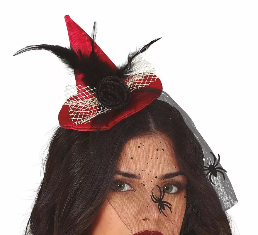 Translation missing: de.Diadema Mini sombrero de Bruja Rojo con Velo