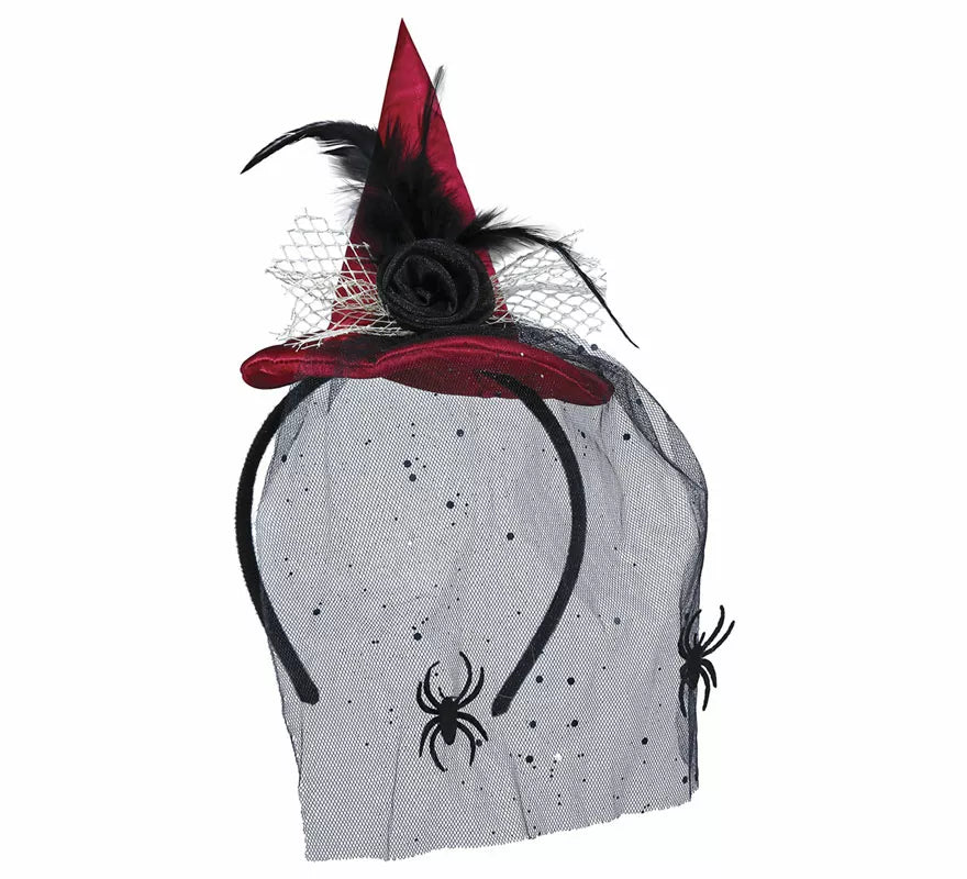 Diadema Mini sombrero de Bruja Rojo con Velo