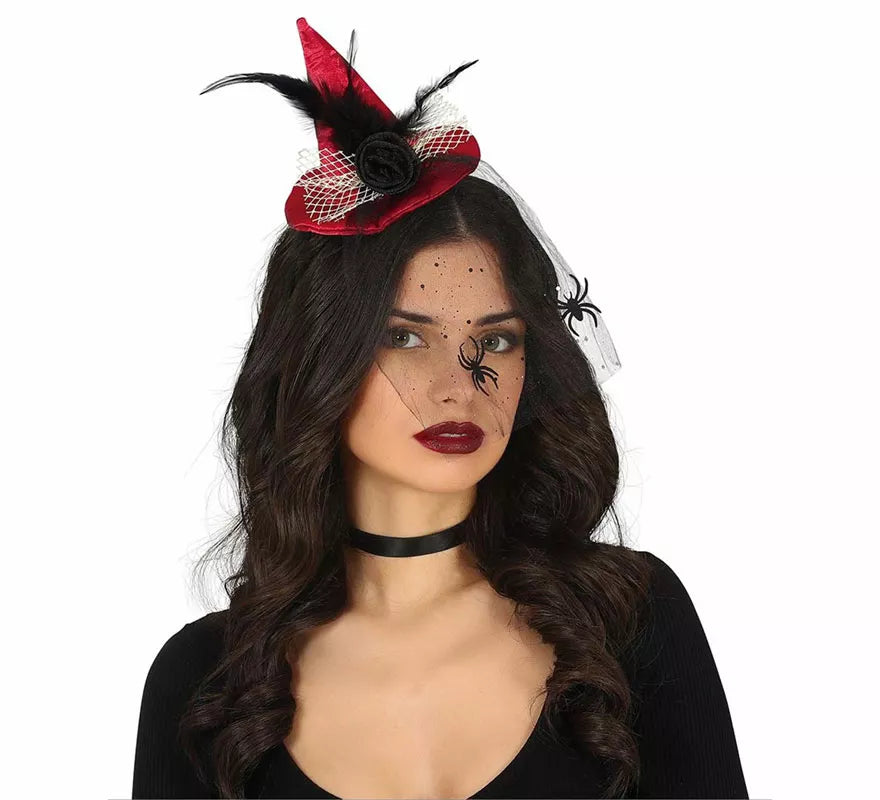 Diadema Mini sombrero de Bruja Rojo con Velo