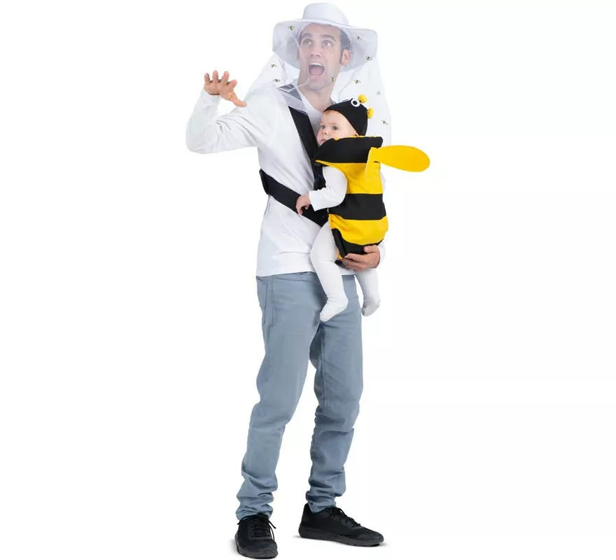 Translation missing: de.Disfraz de Apicultor y Abeja con cubremochila para adulto y bebé