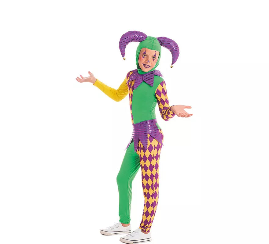 Translation missing: de.Disfraz de Arlequín púrpura y verde a cuadros para niño