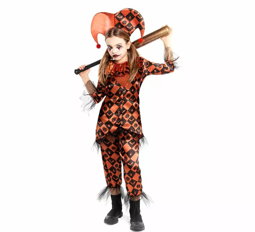 Translation missing: de.Disfraz de Arlequina Malévola naranja para niña