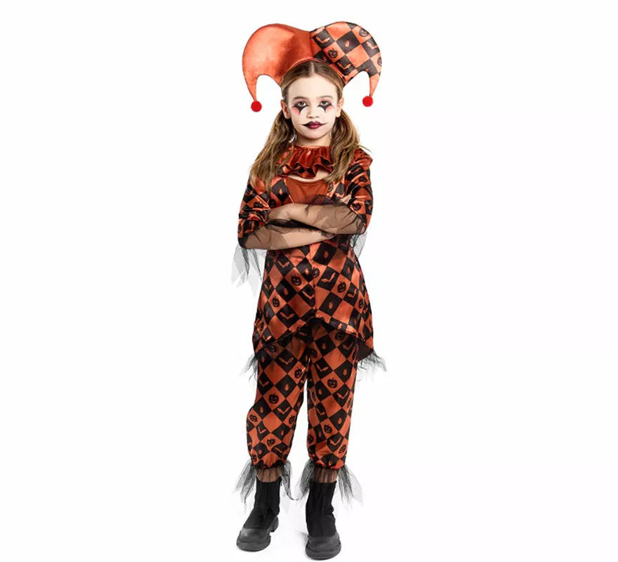 Translation missing: de.Disfraz de Arlequina Malévola naranja para niña
